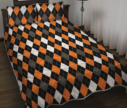 Orange Black Grey And White Argyle Print Quilt Bed Set
