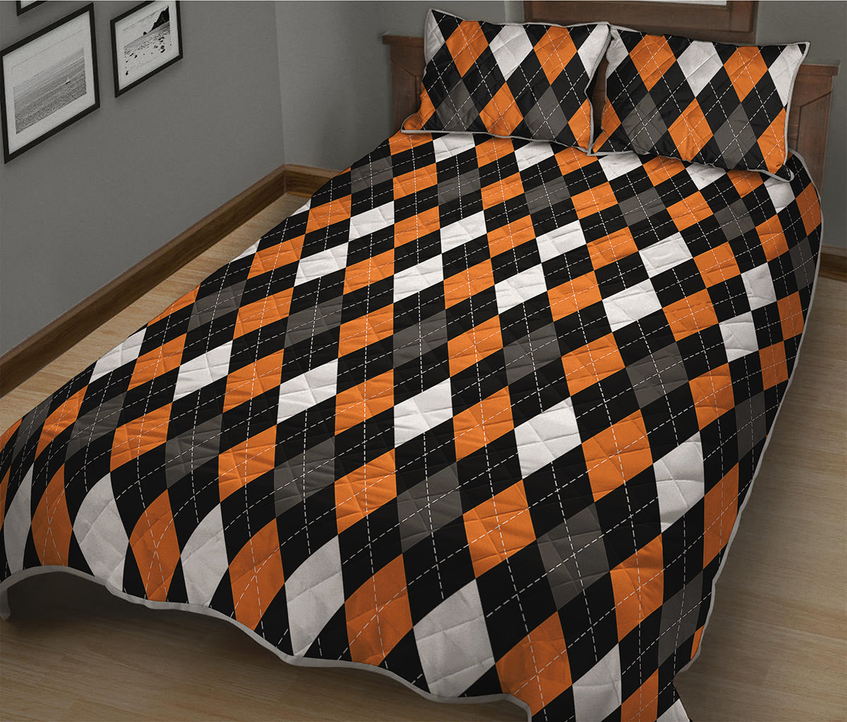 Orange Black Grey And White Argyle Print Quilt Bed Set