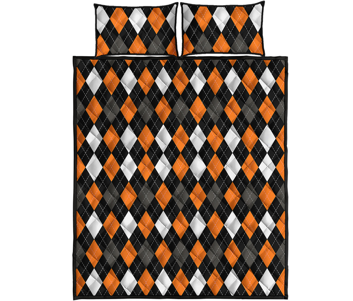 Orange Black Grey And White Argyle Print Quilt Bed Set