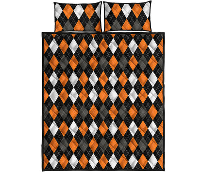 Orange Black Grey And White Argyle Print Quilt Bed Set
