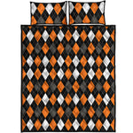 Orange Black Grey And White Argyle Print Quilt Bed Set