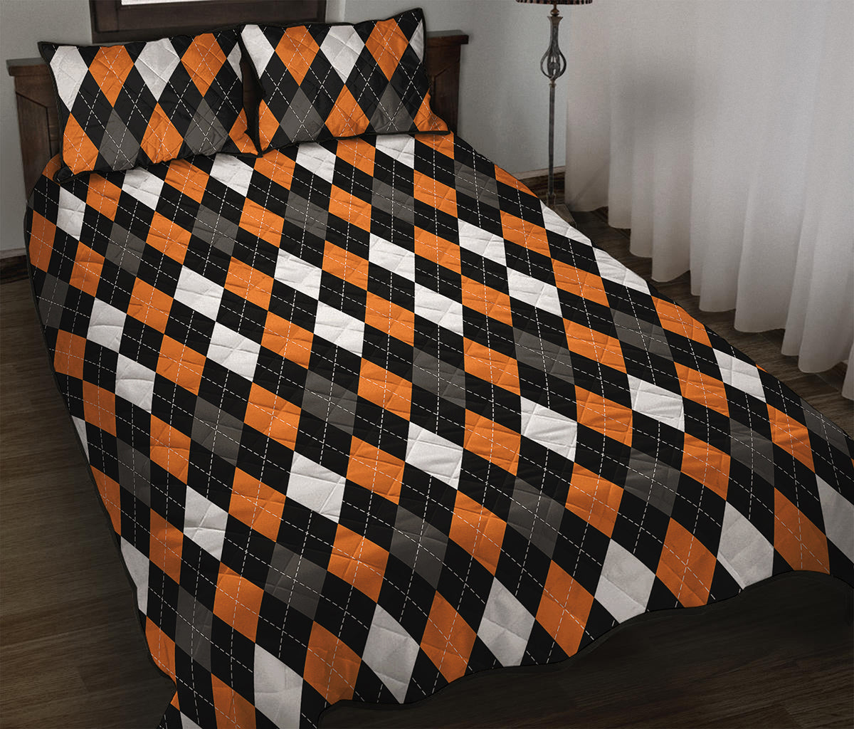 Orange Black Grey And White Argyle Print Quilt Bed Set