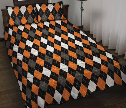Orange Black Grey And White Argyle Print Quilt Bed Set