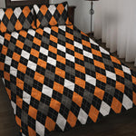 Orange Black Grey And White Argyle Print Quilt Bed Set