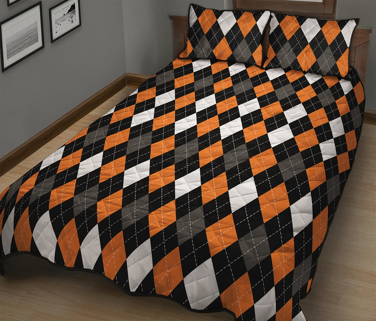 Orange Black Grey And White Argyle Print Quilt Bed Set