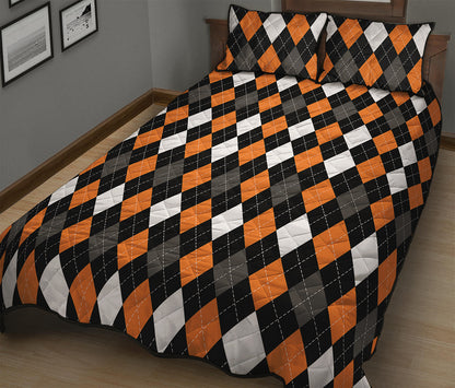 Orange Black Grey And White Argyle Print Quilt Bed Set