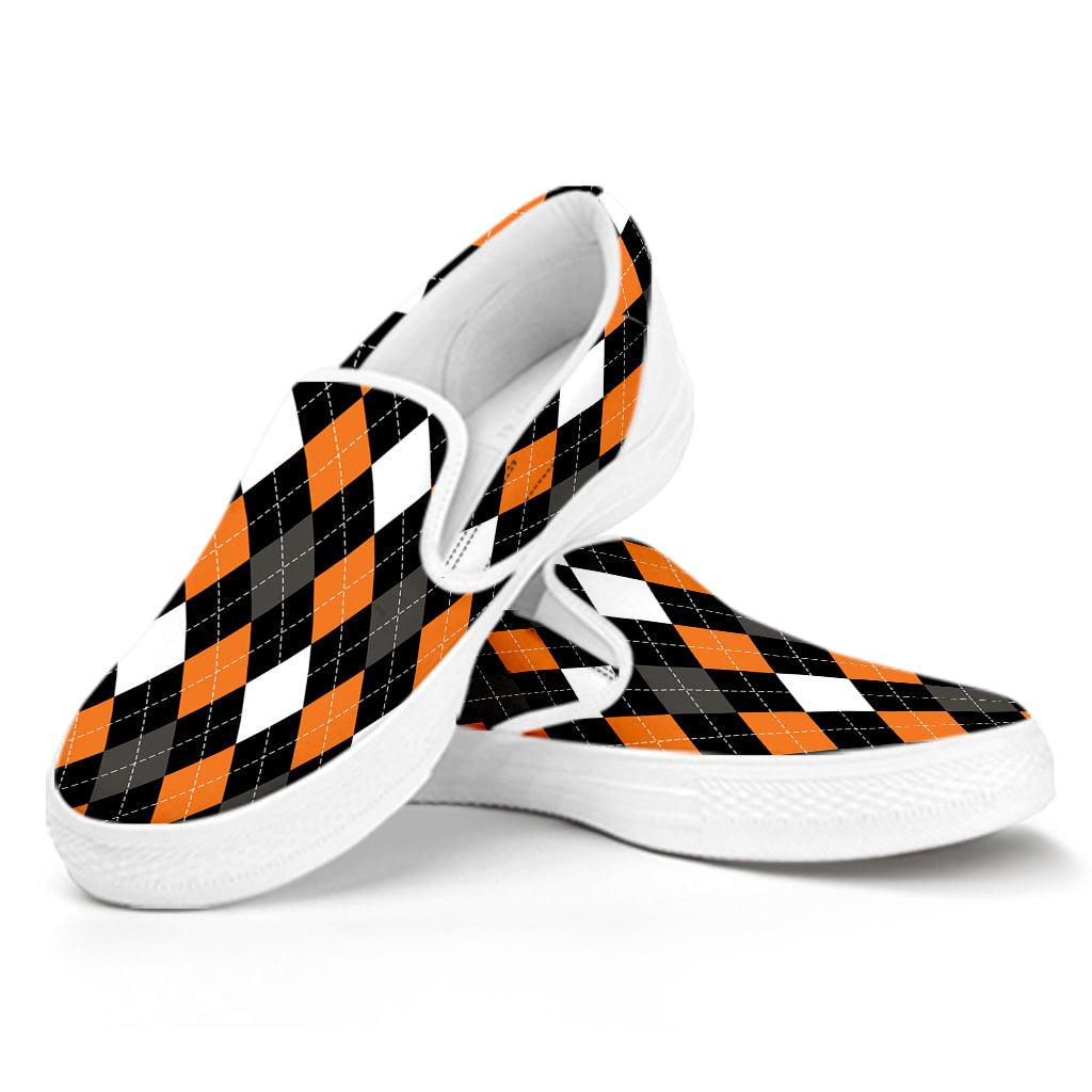Orange Black Grey And White Argyle Print White Slip On Shoes
