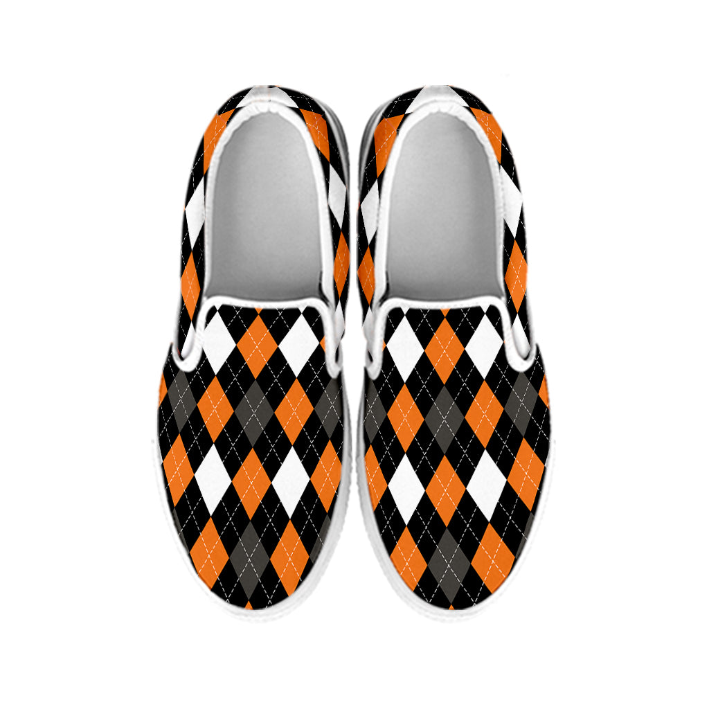 Orange Black Grey And White Argyle Print White Slip On Shoes