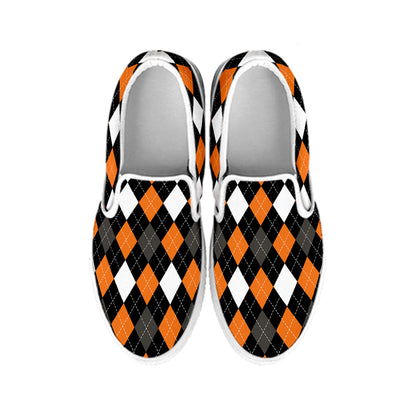 Orange Black Grey And White Argyle Print White Slip On Shoes