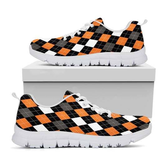 Orange Black Grey And White Argyle Print White Sneakers
