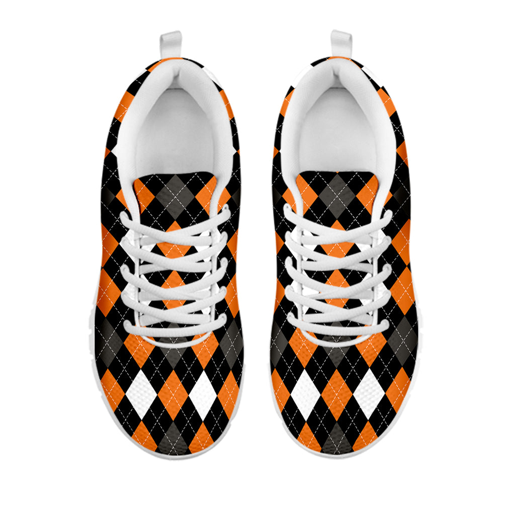 Orange Black Grey And White Argyle Print White Sneakers