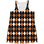 Orange Black Grey And White Argyle Print Women's Racerback Tank Top