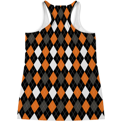 Orange Black Grey And White Argyle Print Women's Racerback Tank Top