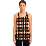 Orange Black Grey And White Argyle Print Women's Racerback Tank Top
