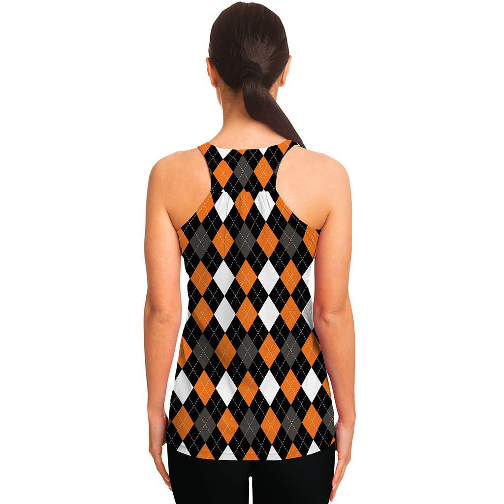 Orange Black Grey And White Argyle Print Women's Racerback Tank Top