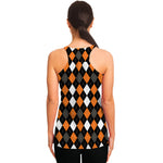Orange Black Grey And White Argyle Print Women's Racerback Tank Top