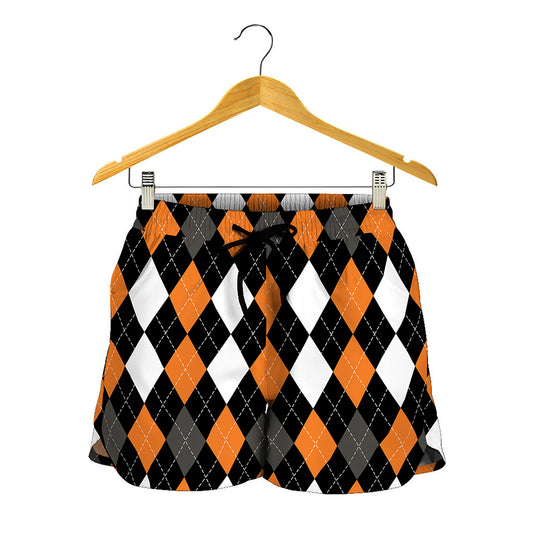 Orange Black Grey And White Argyle Print Women's Shorts
