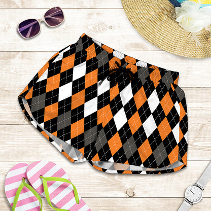 Orange Black Grey And White Argyle Print Women's Shorts