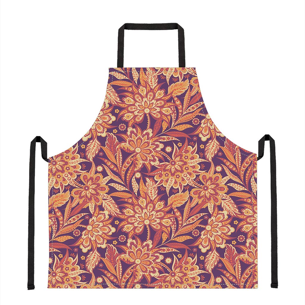 Orange Bohemian Floral Pattern Print Apron