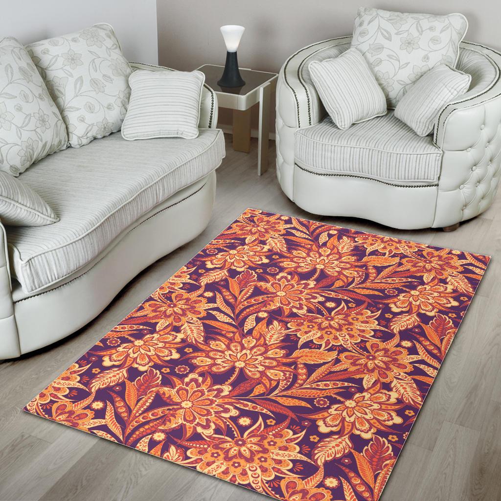 Orange Bohemian Floral Pattern Print Area Rug GearFrost