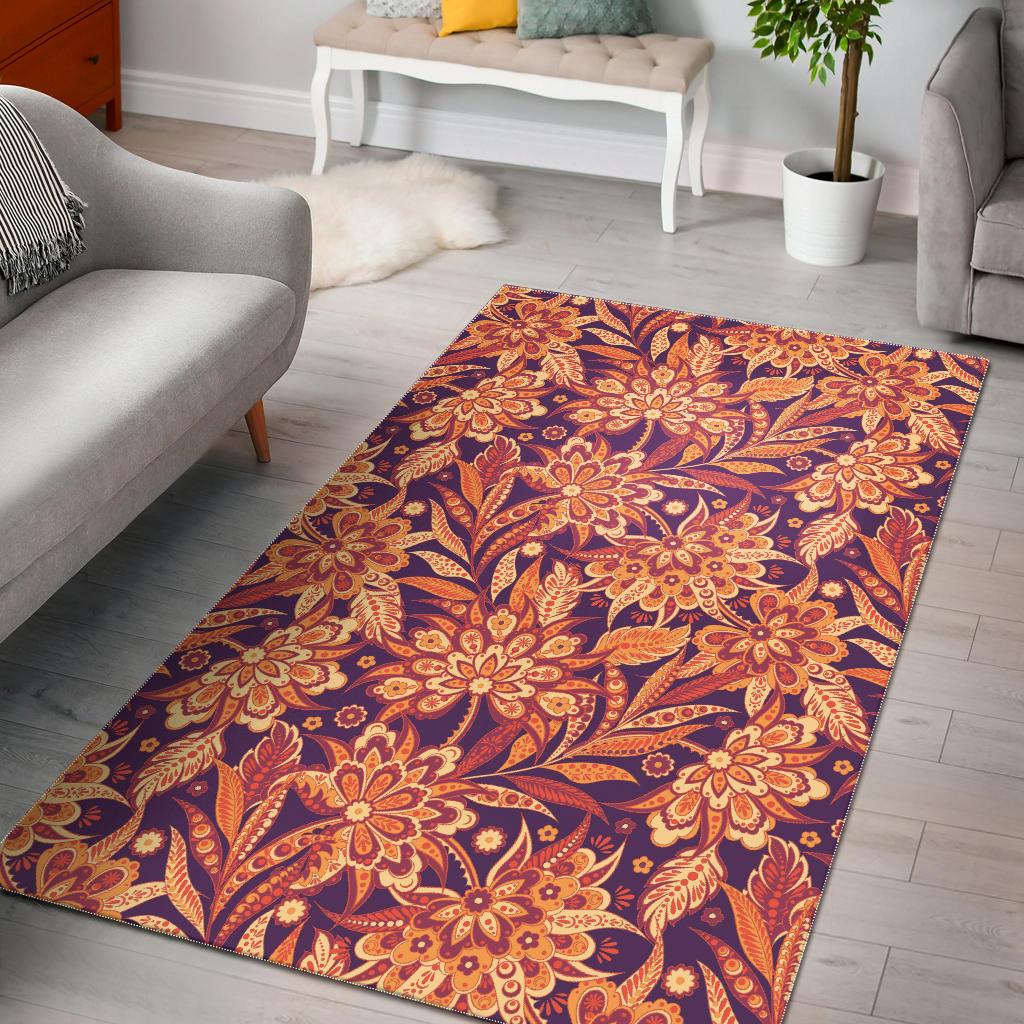 Orange Bohemian Floral Pattern Print Area Rug GearFrost