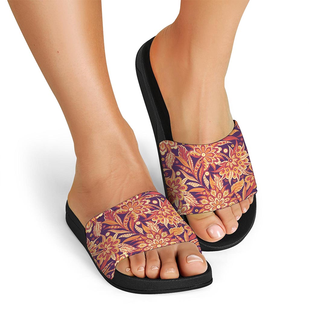 Orange Bohemian Floral Pattern Print Black Slide Sandals
