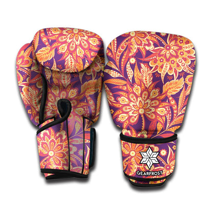 Orange Bohemian Floral Pattern Print Boxing Gloves