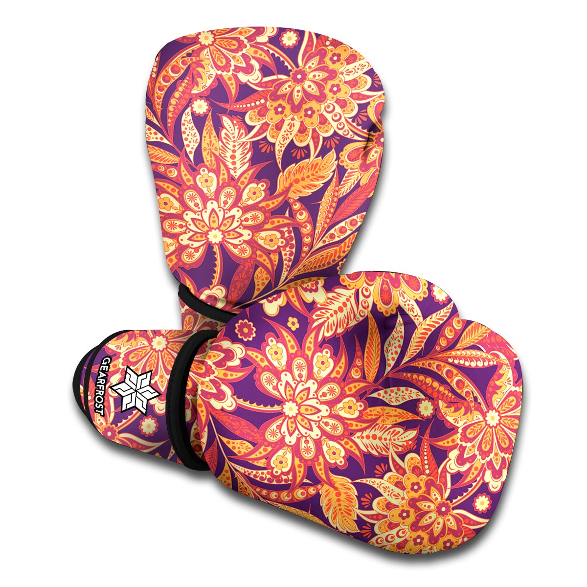 Orange Bohemian Floral Pattern Print Boxing Gloves
