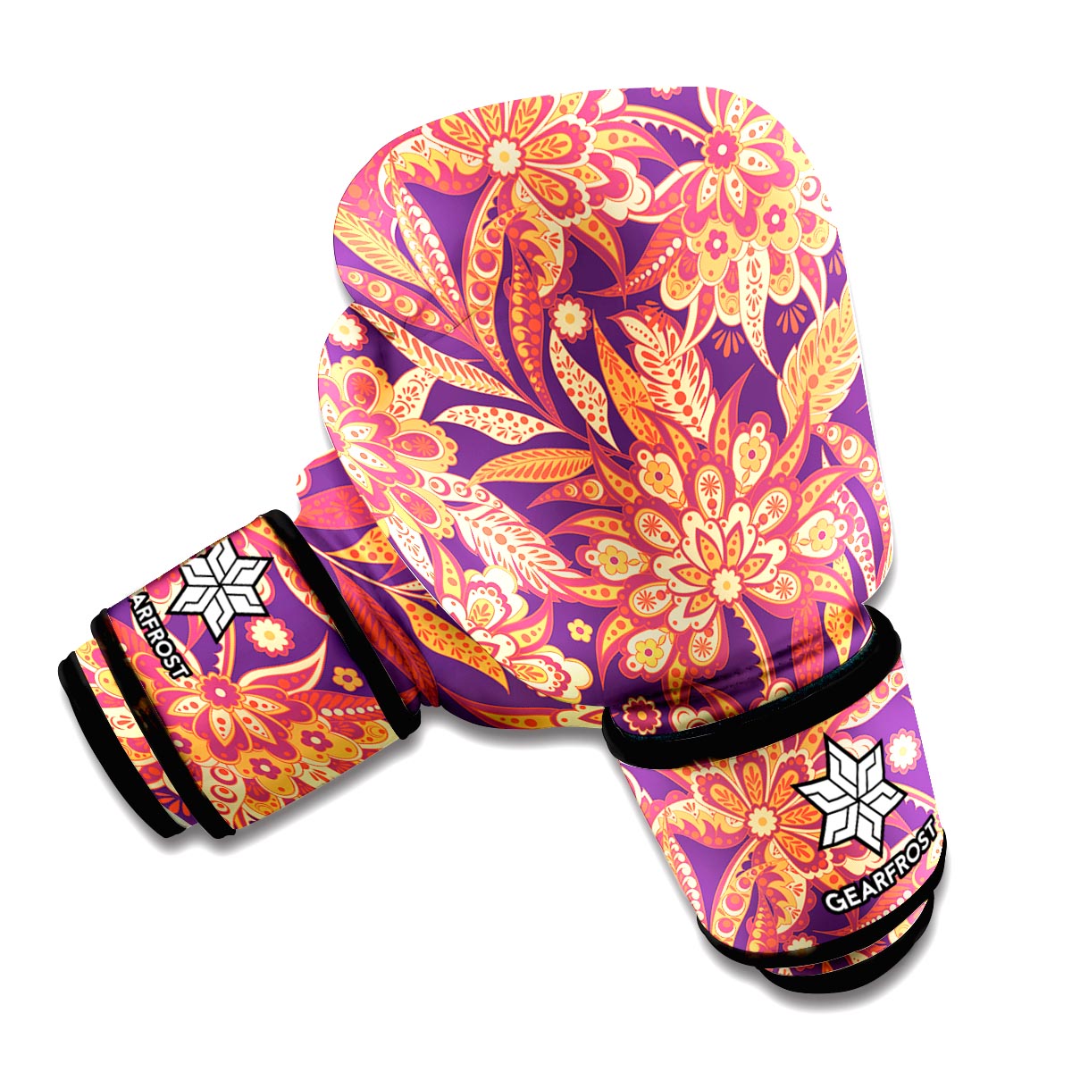 Orange Bohemian Floral Pattern Print Boxing Gloves