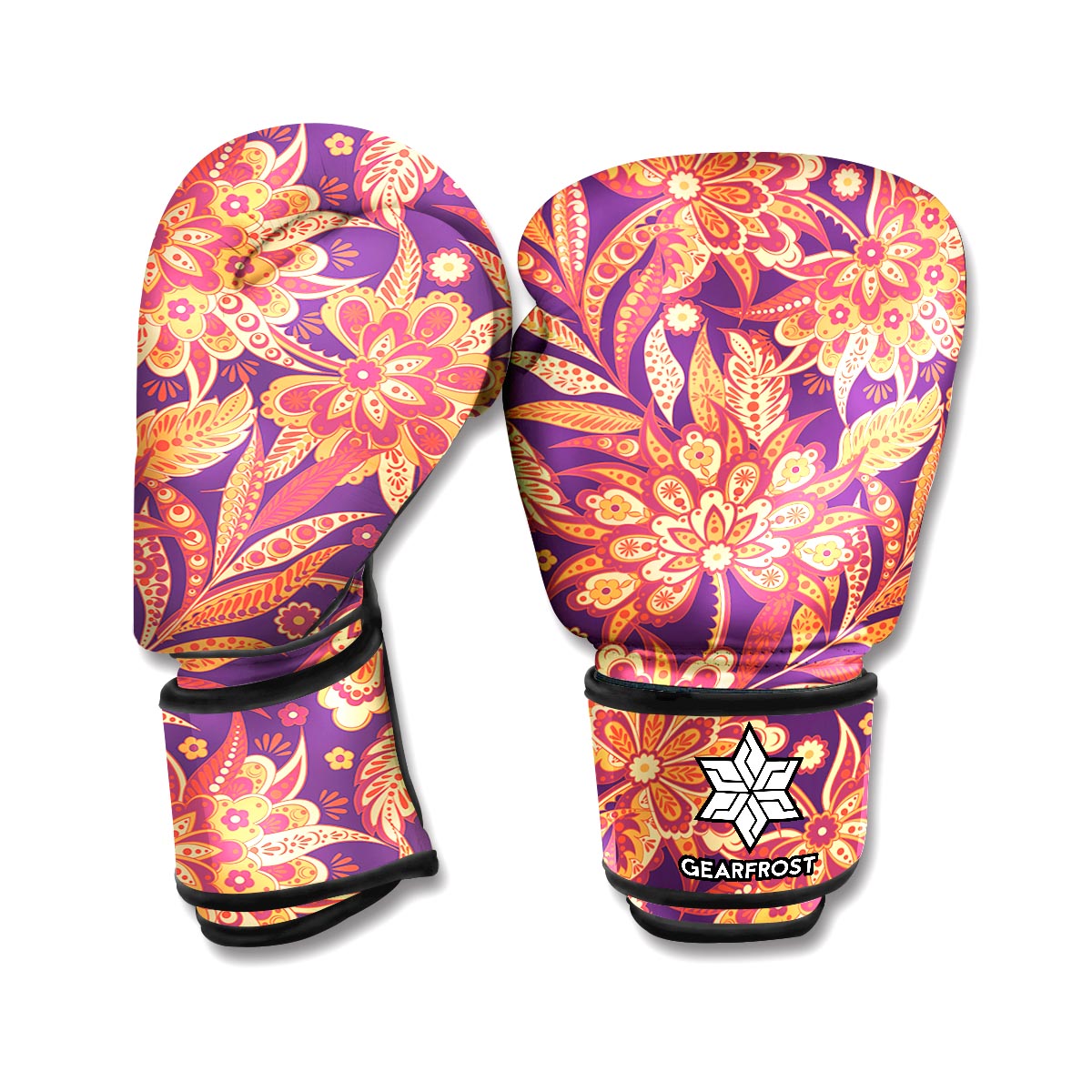 Orange Bohemian Floral Pattern Print Boxing Gloves