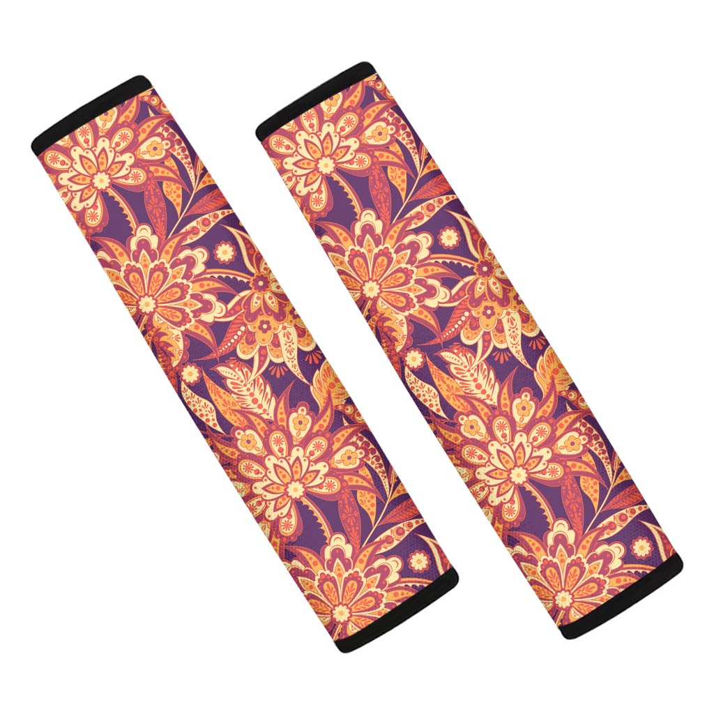 Orange Bohemian Floral Pattern Print Car Seat Belt Covers