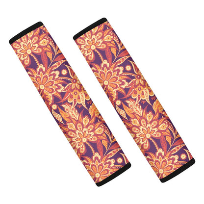 Orange Bohemian Floral Pattern Print Car Seat Belt Covers