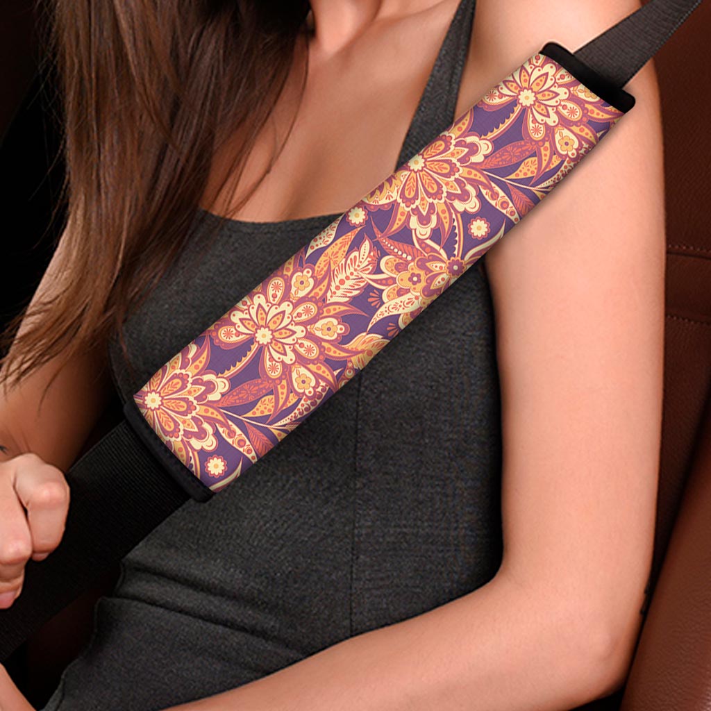 Orange Bohemian Floral Pattern Print Car Seat Belt Covers