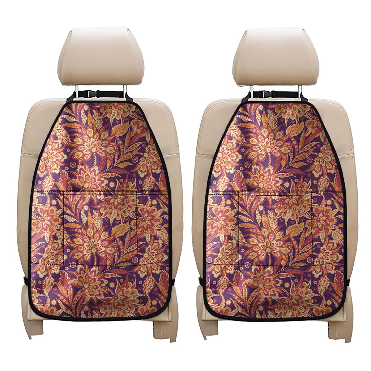 Orange Bohemian Floral Pattern Print Car Seat Organizers