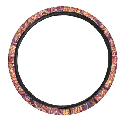 Orange Bohemian Floral Pattern Print Car Steering Wheel Cover