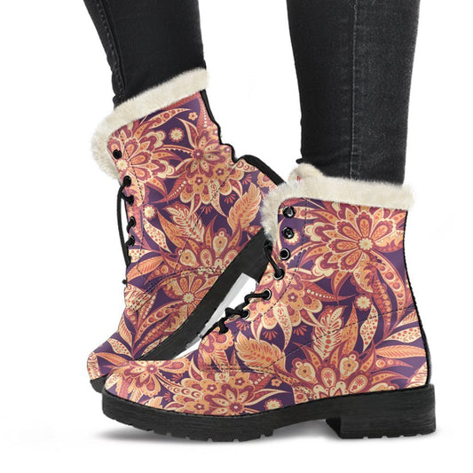 Orange Bohemian Floral Pattern Print Comfy Boots GearFrost