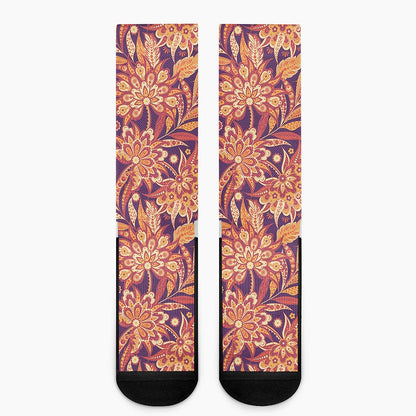 Orange Bohemian Floral Pattern Print Crew Socks