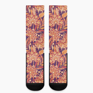 Orange Bohemian Floral Pattern Print Crew Socks