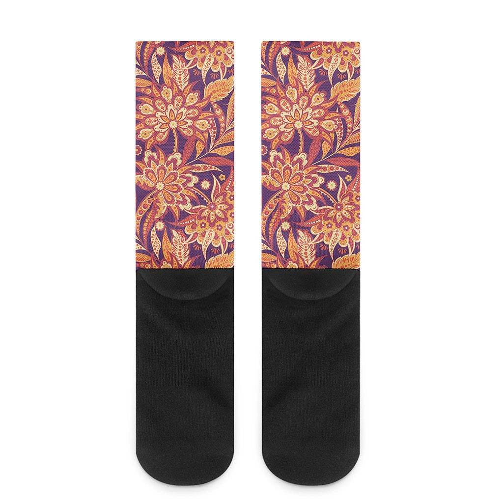 Orange Bohemian Floral Pattern Print Crew Socks