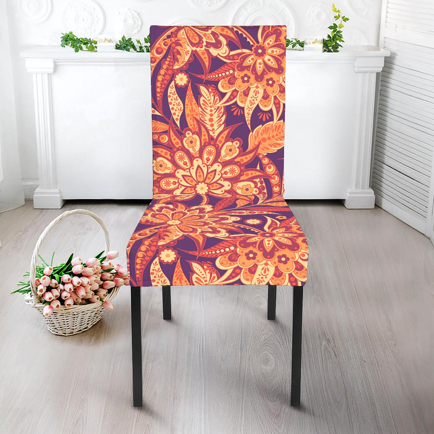 Orange Bohemian Floral Pattern Print Dining Chair Slipcover