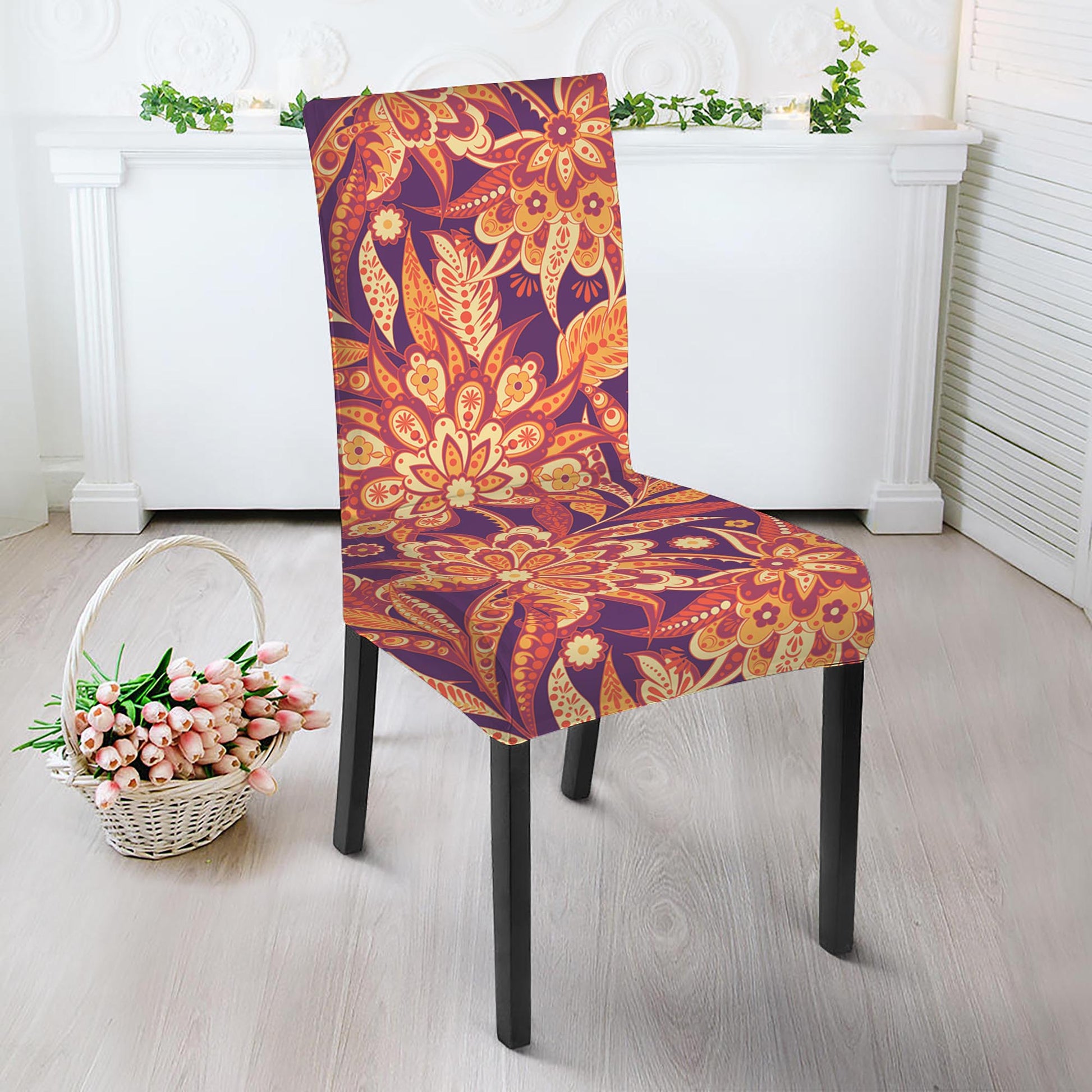 Orange Bohemian Floral Pattern Print Dining Chair Slipcover
