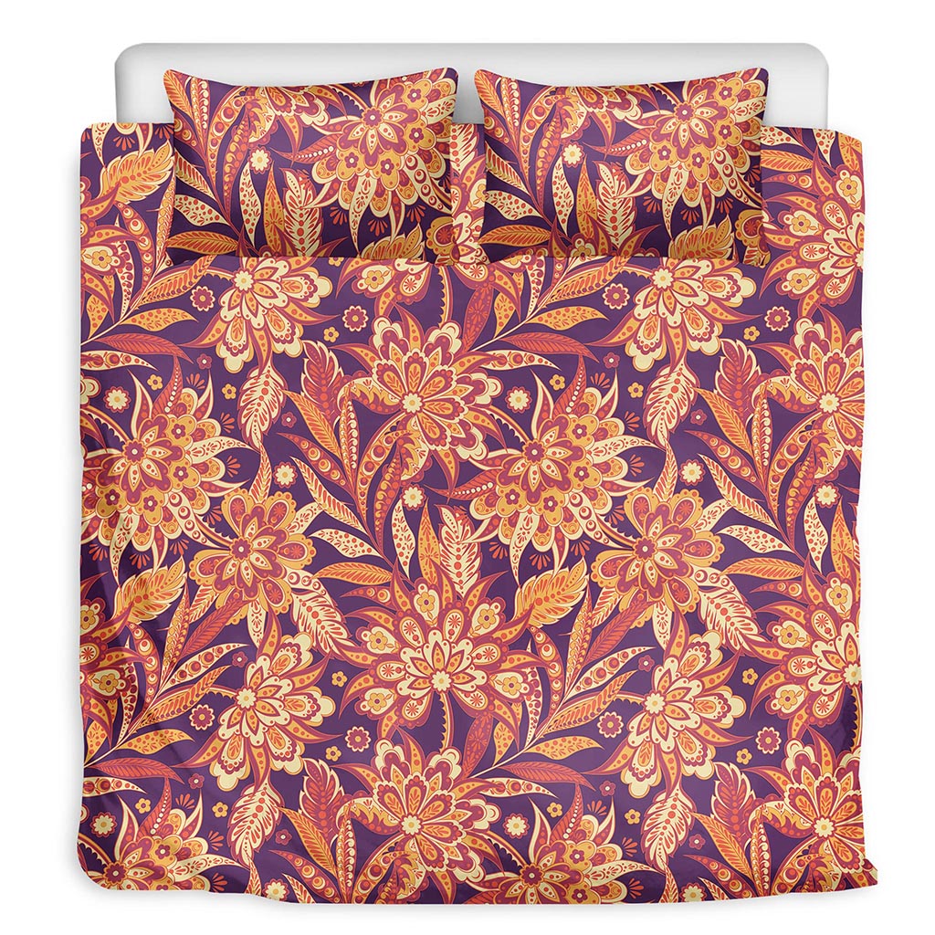 Orange Bohemian Floral Pattern Print Duvet Cover Bedding Set