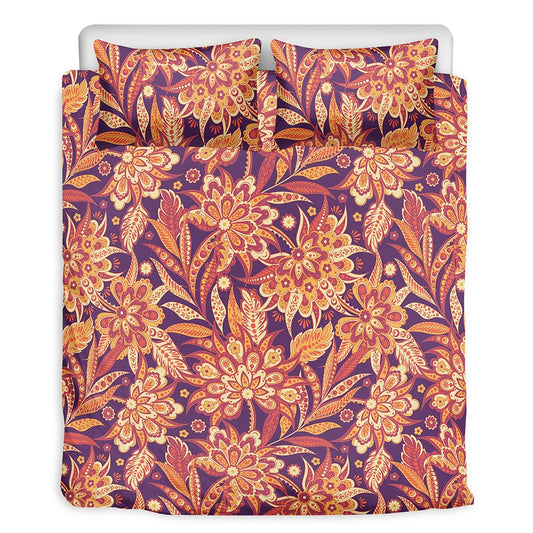 Orange Bohemian Floral Pattern Print Duvet Cover Bedding Set