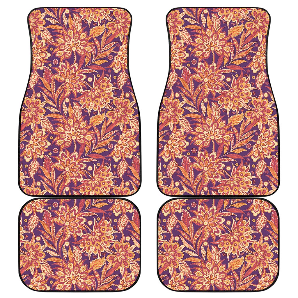 Orange Bohemian Floral Pattern Print Front and Back Car Floor Mats