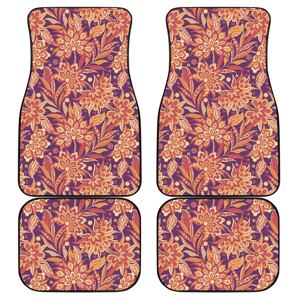 Orange Bohemian Floral Pattern Print Front and Back Car Floor Mats