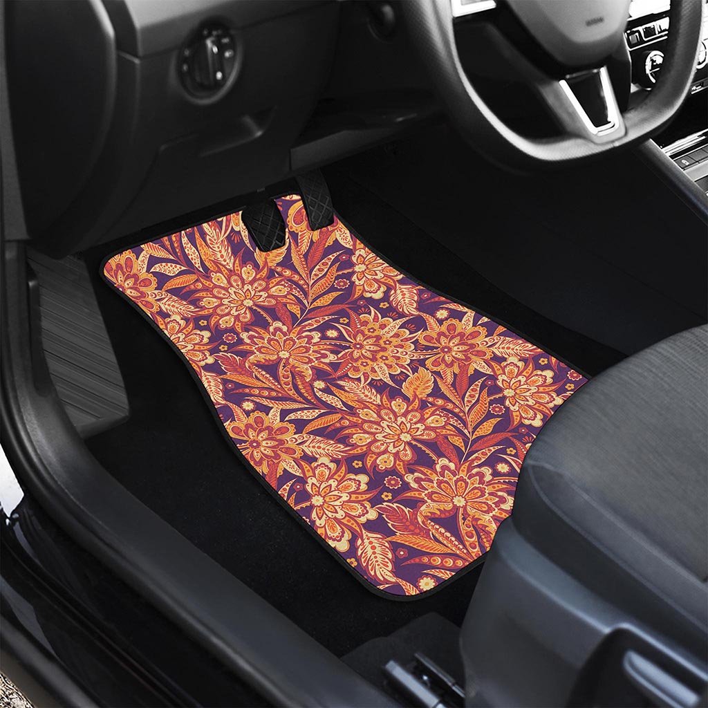 Orange Bohemian Floral Pattern Print Front and Back Car Floor Mats