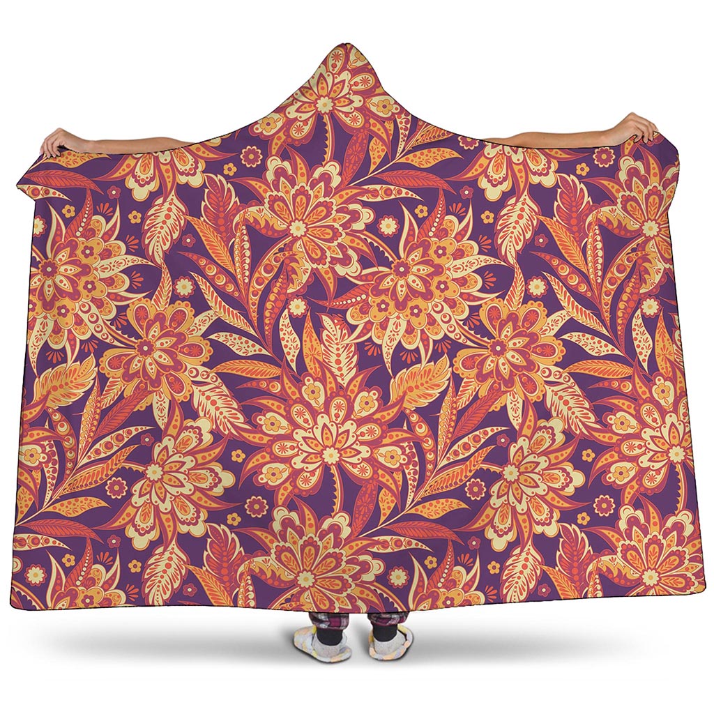 Orange Bohemian Floral Pattern Print Hooded Blanket