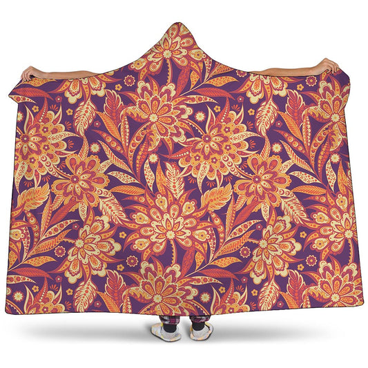 Orange Bohemian Floral Pattern Print Hooded Blanket