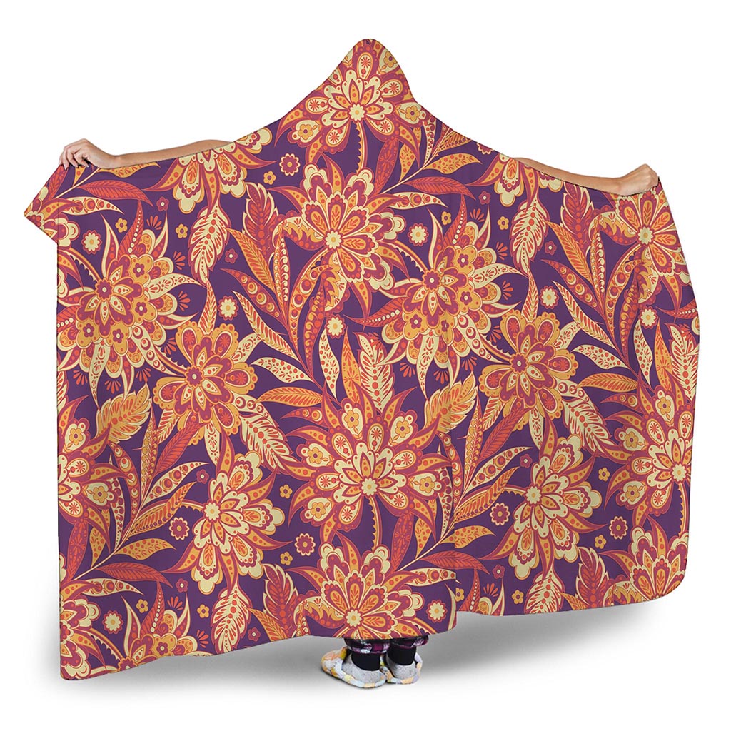 Orange Bohemian Floral Pattern Print Hooded Blanket