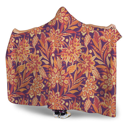 Orange Bohemian Floral Pattern Print Hooded Blanket